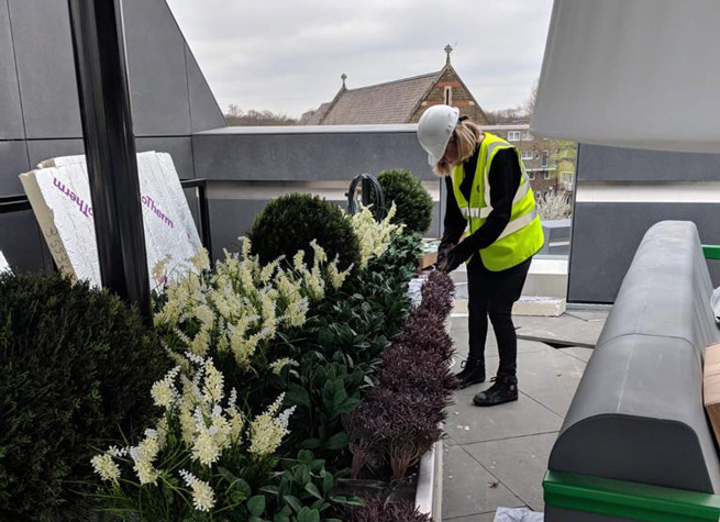 artificial plants being arranged on roof terrace display